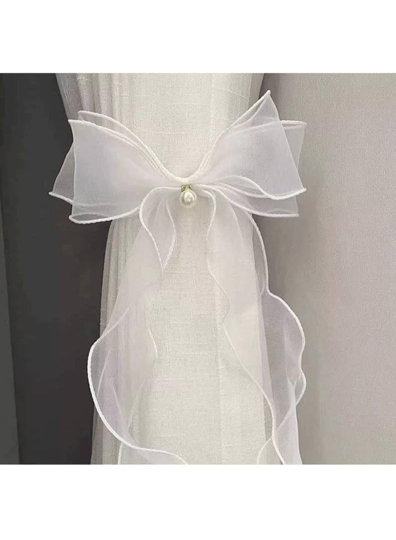ChicAbode 2 Pcs Bow Curtain Tiebacks with Pearls, Butterfly Lace Bowknot Curtain Holdbacks, Decorative Ribbon Drape Holders for Home and Wedding, White - Image 3